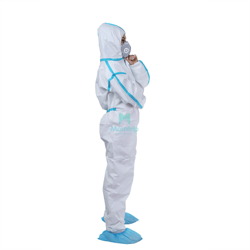 Isolation Non Woven Microporous Painting Protective Type 5 6 Hooded Disposable Suit With Blue Taped Seams